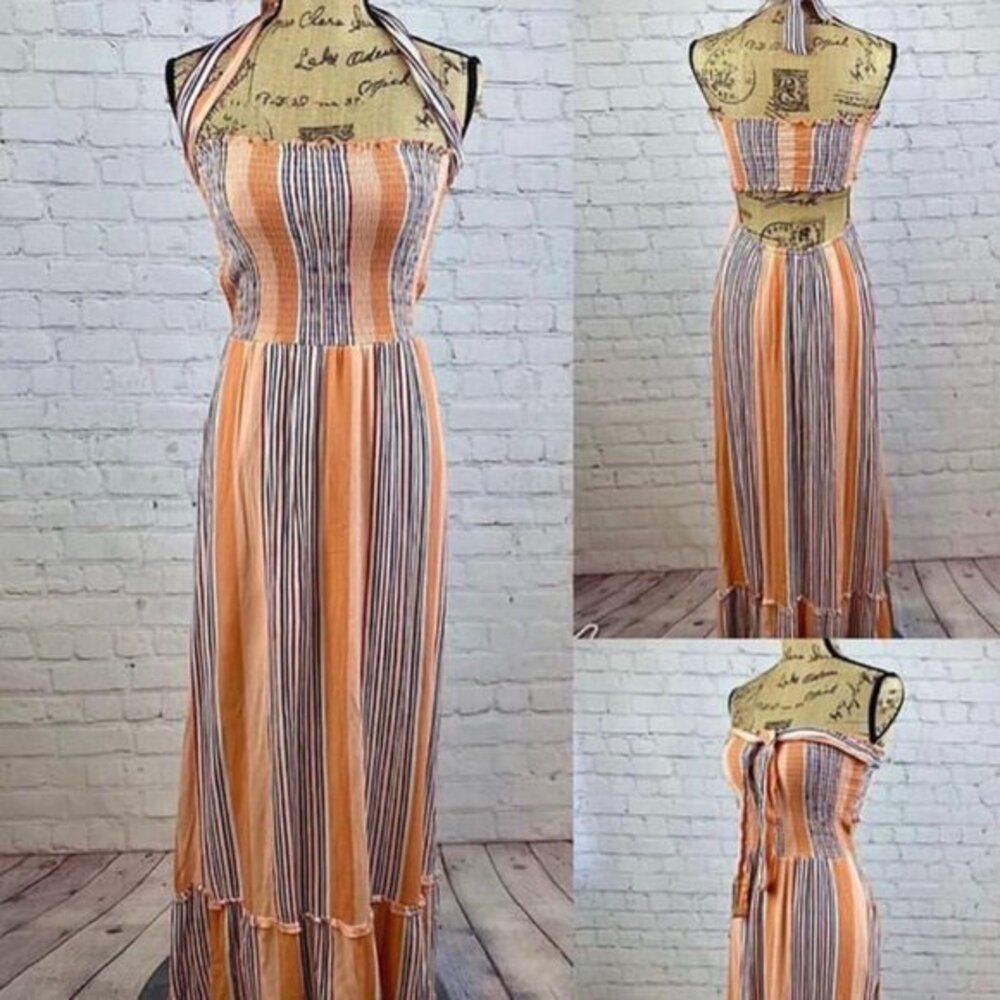 Altar’d State Crinkly Striped Neck Ties Back Cutout Maxi